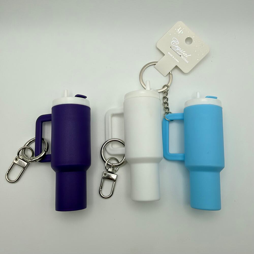 Mini Tumbler Keychains Set of 3 Purple White Blue Opening Cup Bag Charms